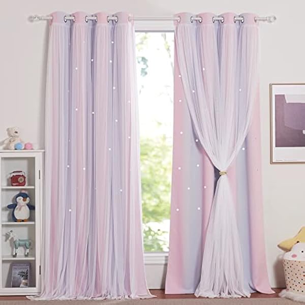 NICETOWN Cortinas Infantiles Niña Cortinas Opacas 2 Piezas Cortinas Dobles con Estrellas Huecas y Gasa de Red Cortinas Aislantes Termicas con Ojales Cortina Habitacion Niña, 132x240 cm, Rosa-Lila